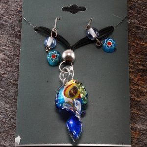 Glass Scallop Twist Necklace 3 Strand Cord Millefiori Earring Pair Jewelry Set